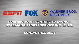 Text on silver chrome background, featuring logos of ESPN, Fox and Warner Bros. Discovery