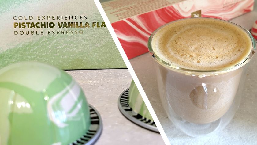 Split image of Nespresso Pistachio Vanilla capsules and cup of coffee made using Nespresso White Chocolate and Strawberry capsule