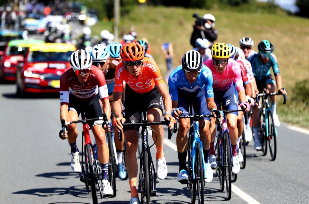 LOUDENVIELLE FRANCE SEPTEMBER 05 Toms Skujins of Latvia and Team Trek Segafredo Ilnur Zakarin of Russia and CCC Team Carlos Verona Quintanilla of Spain and Movistar Team Neilson Powless of The United States and Team EF Pro Cycling Breakaway during the 107th Tour de France 2020 Stage 8 a 141km stage from CazresSurGaronne to Loudenvielle TDF2020 LeTour on September 05 2020 in Loudenvielle France Photo by Michael SteeleGetty Images
