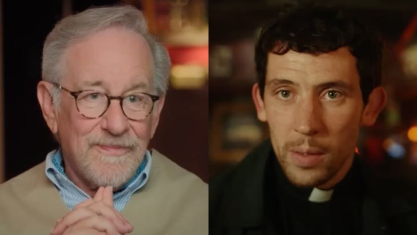 Side by side of Steven Spielberg in Jaws @ 50 for National Geographic looking engaged and Josh O&#039;Connor in Knives Out 3 looking taken aback. 