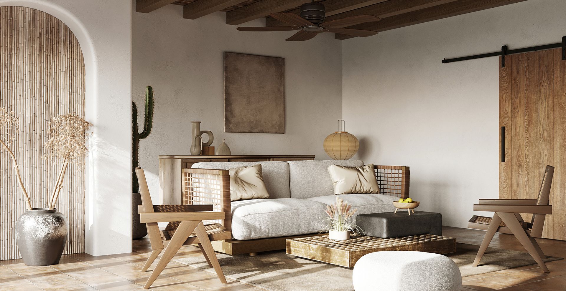 modern rustic living room with wooden bean ceiling and white furnishings with ceiling fan to show how to cool down a room