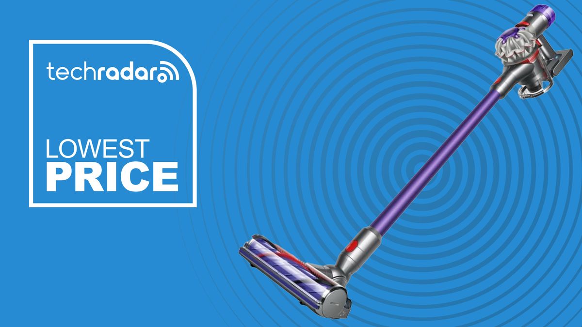 The Dyson V8 Extra, a hand vacuum with purple detailing