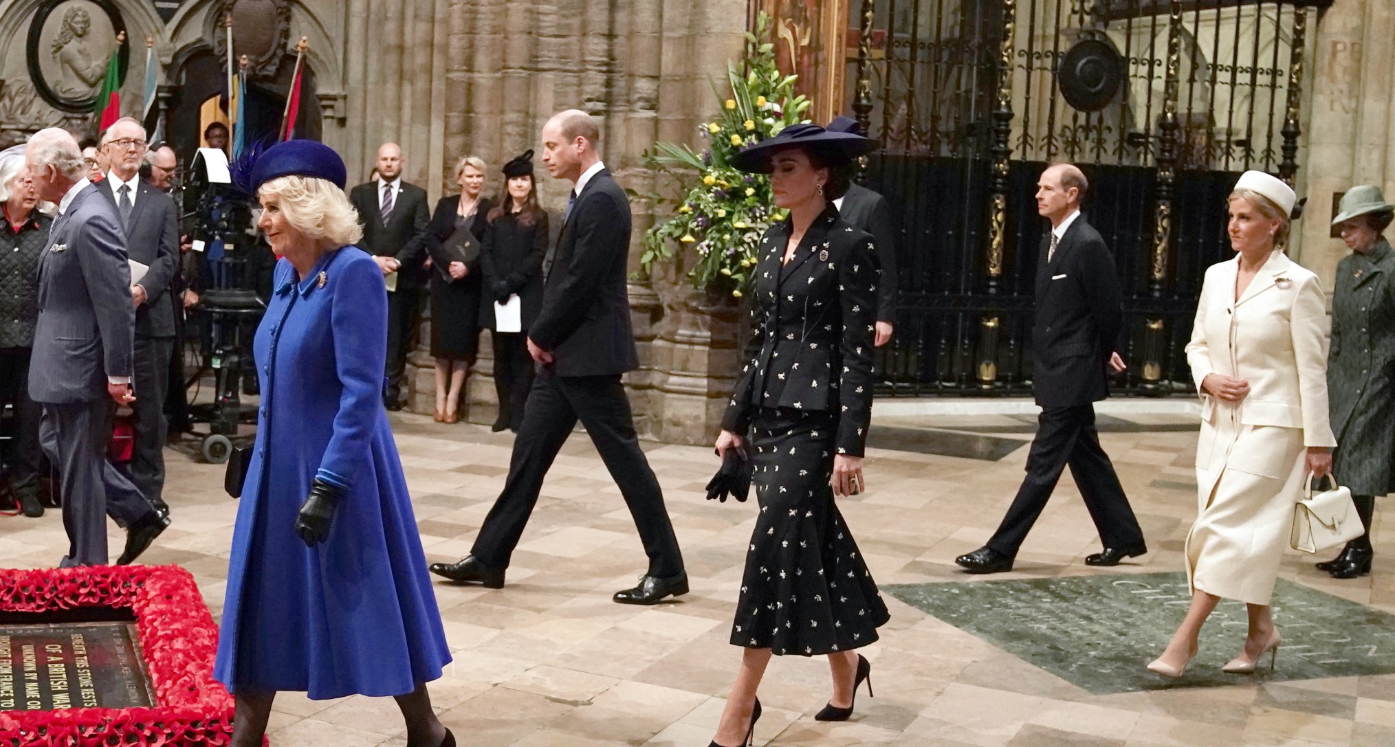 King Charles, Queen Camilla, Princess Kate, Prince Edward and Duchess Sophie walking into Westminster Abbey
