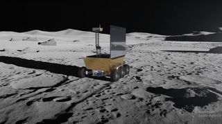 Artist's illustration of a small moon rover on the lunar surface, with the blackness of space on the horizon.