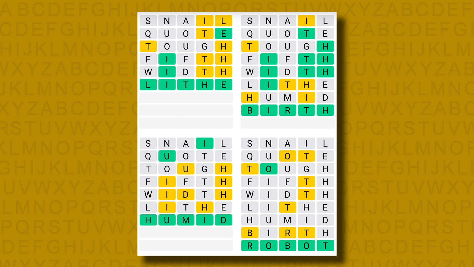 Quordle answers for game 1059 on a yellow background