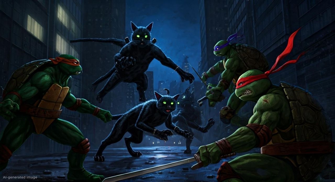 Black cats fighting turtles.