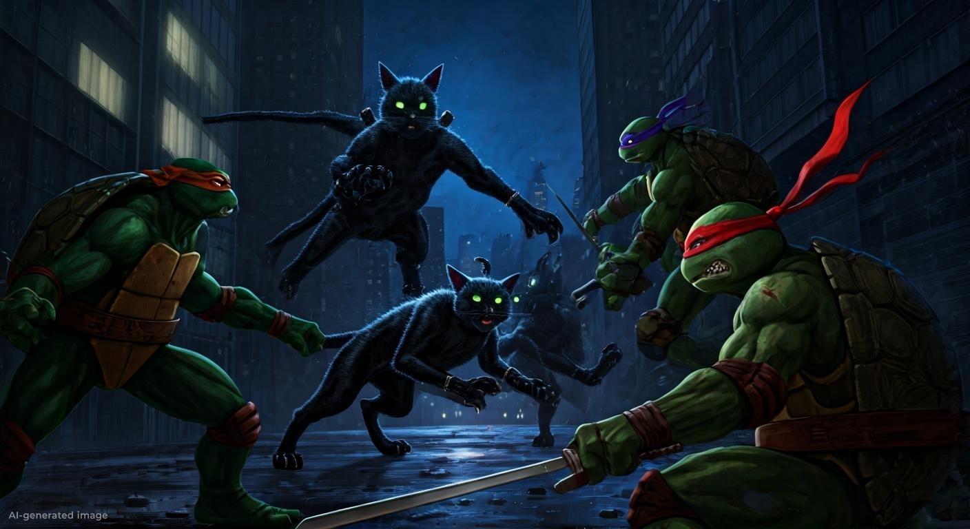 Black cats fighting turtles.