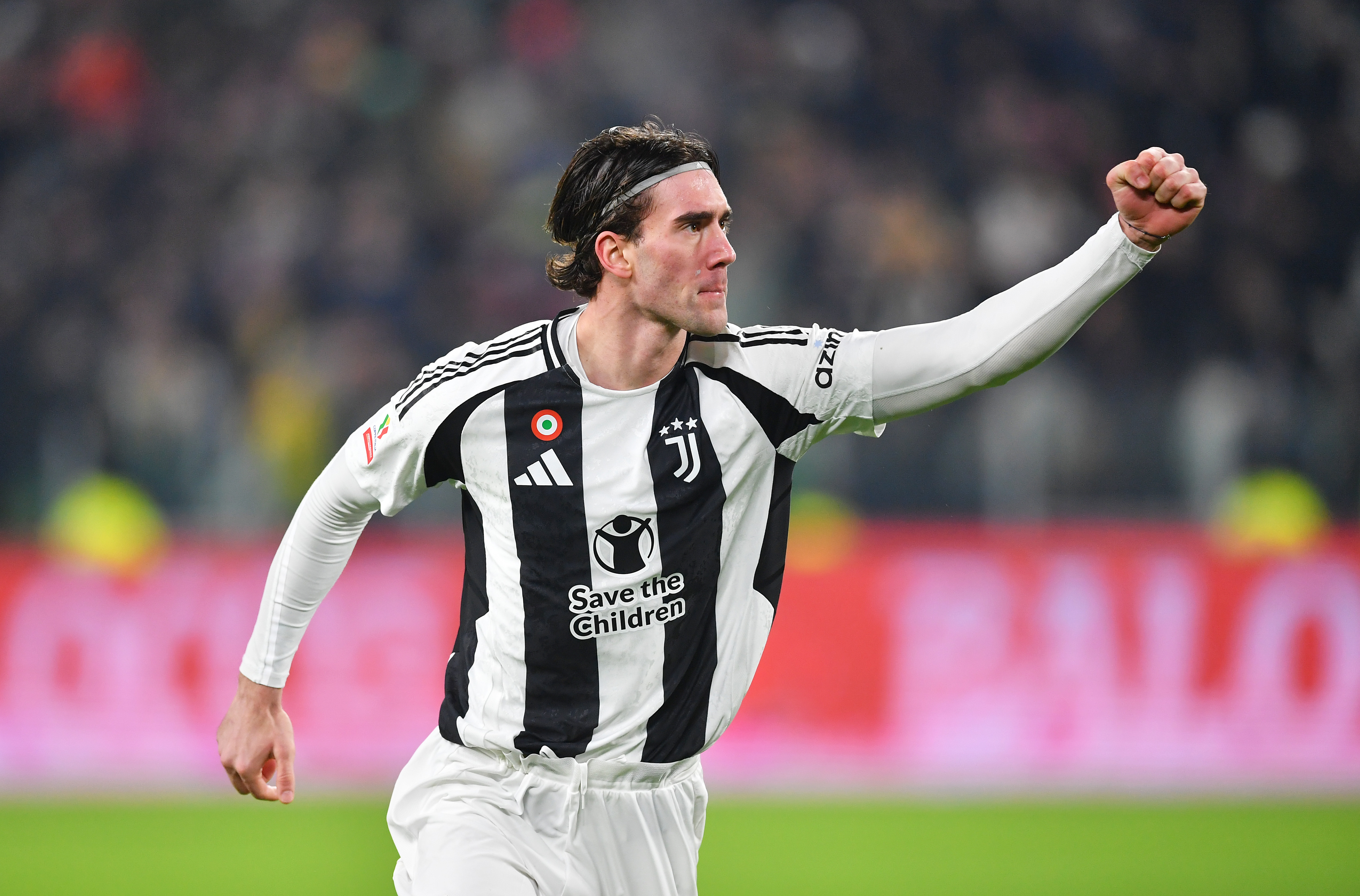 Dusan Vlahovic celebrates a goal for Juventus against Cagliari in December 2024.