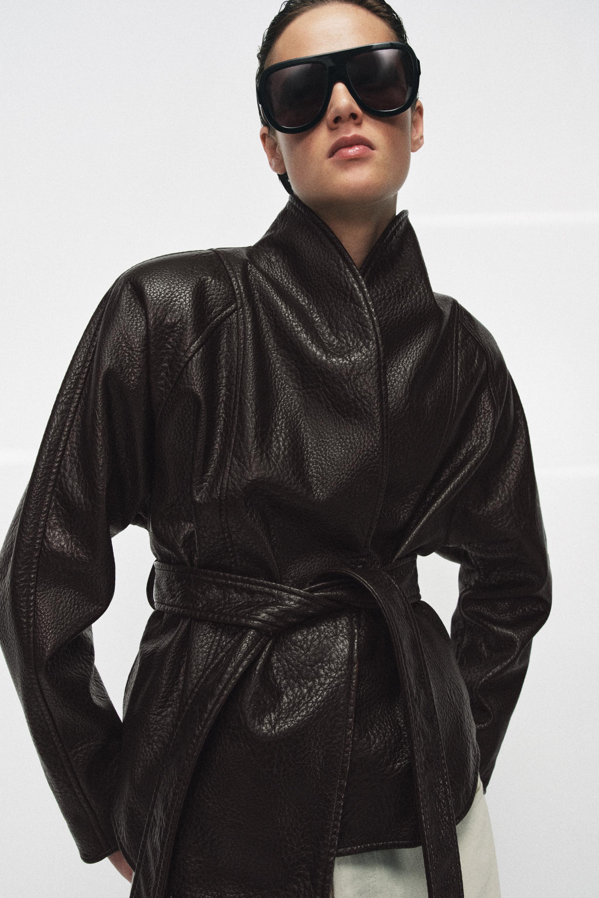 Leather Effect Belted Jacket Zw Collection