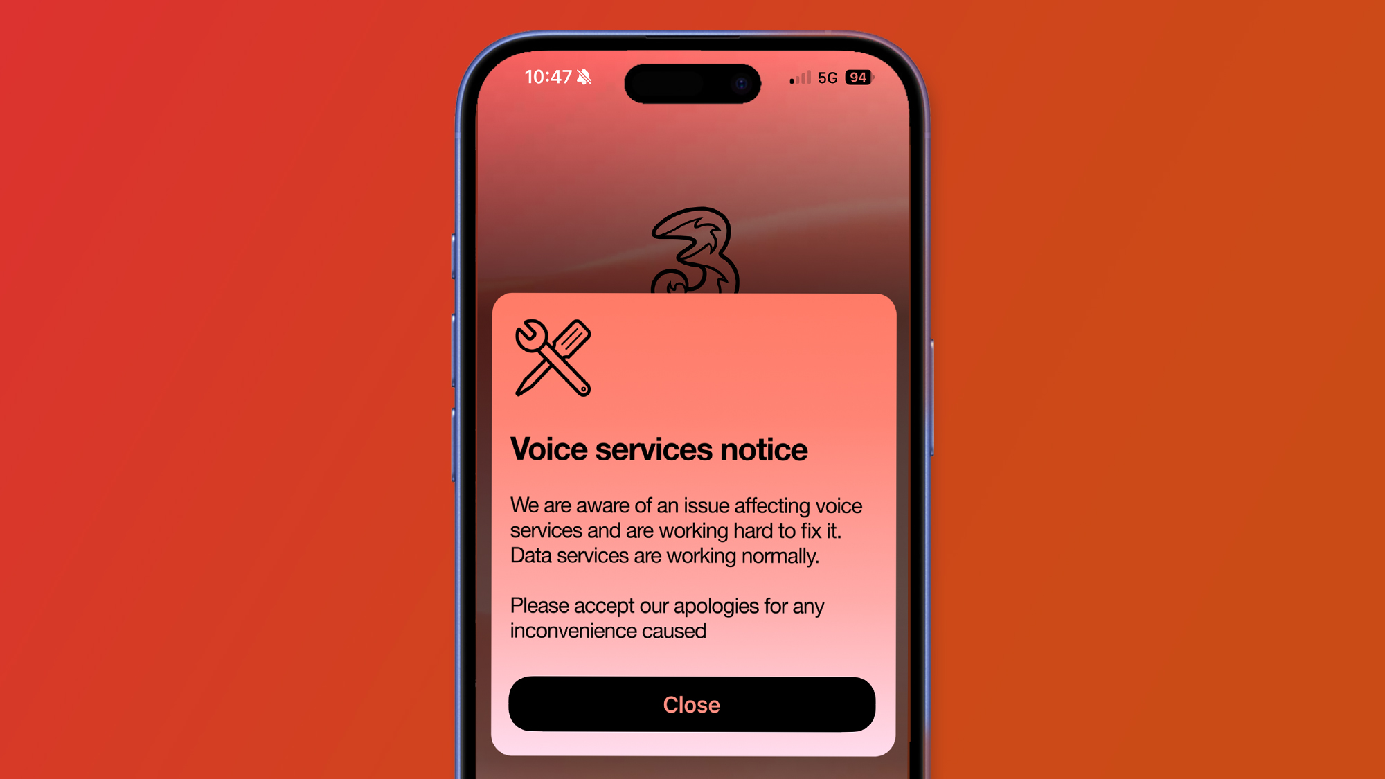 A phone on a red background showing the Three UK app