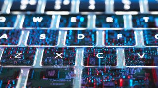 A close up of a keyboard with graphics overlaid to represent cyber security and hacking