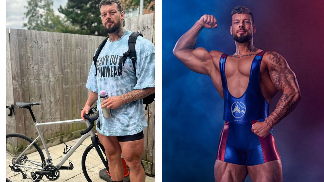 Jamie Christian (aka The Giant from the TV show Gladiators) in two images, the left with his bike, the ride in his Gladiator suit 