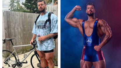 Jamie Christian (aka The Giant from the TV show Gladiators) in two images, the left with his bike, the ride in his Gladiator suit 