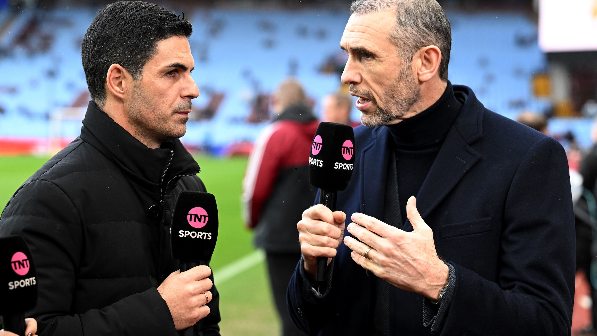 Mikel Arteta, Manager of Arsenal (L), is interviewed by former Arsenal player, Martin Keown (R), prior to the Premier League match between Aston Villa and Arsenal at Villa Park 