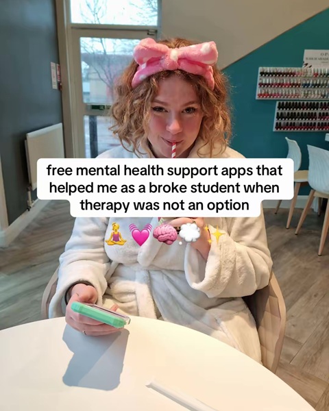 An image of Isabelle Nelson at the spa with the text 'free mental health support apps that helped me as a broke student when therapy was not an option'