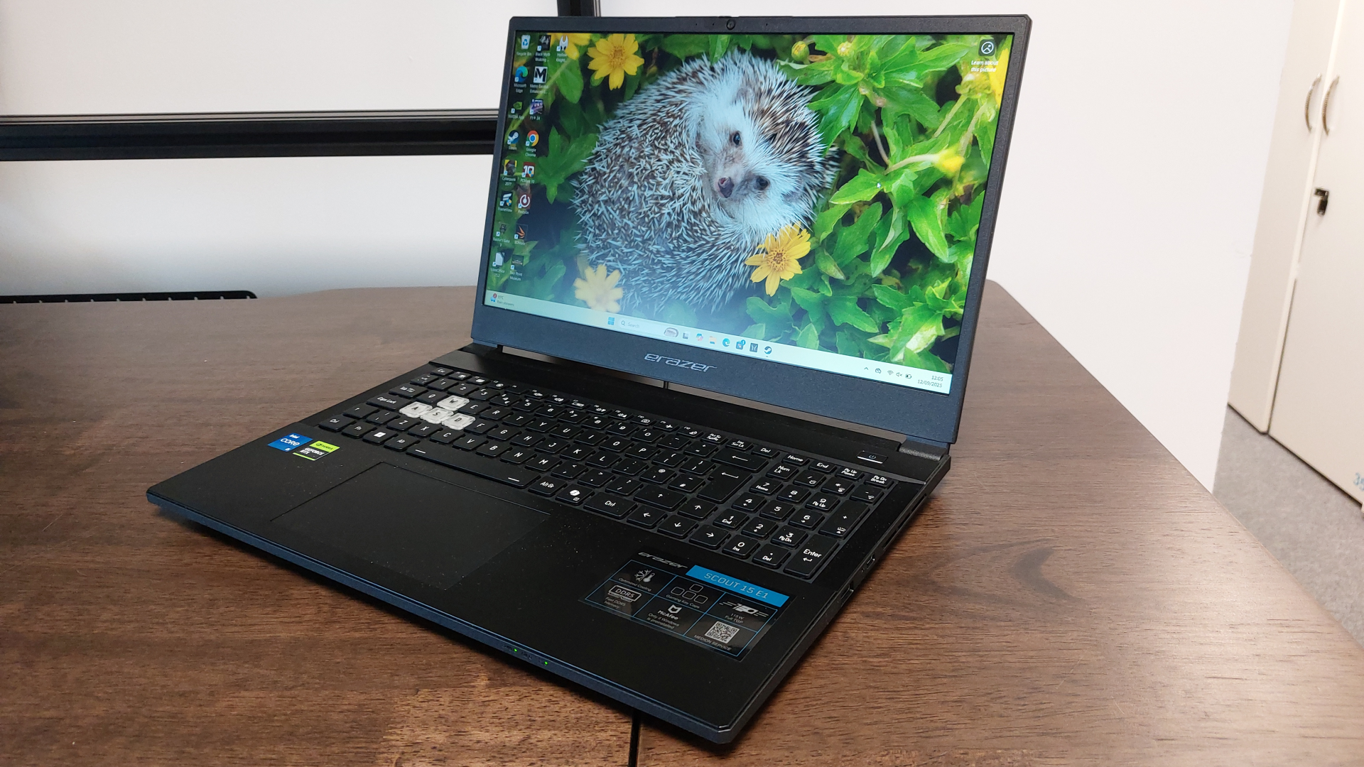 The Erazer Scout 15 E1 RTX 5050 gaming laptop is seen on a wooden desk in a brightly lit, neutral toned office.