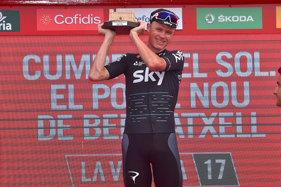 Chris Froome on the podium after stage 9 of the Vuelta a Espa&ntilde;a