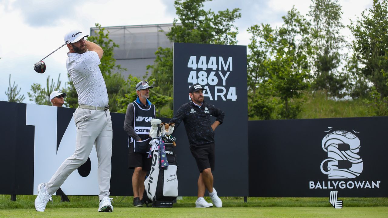 Dustin Johnson tees off during a practice round before the opening LIV Golf Invitational Series tournament at the Centurion Club