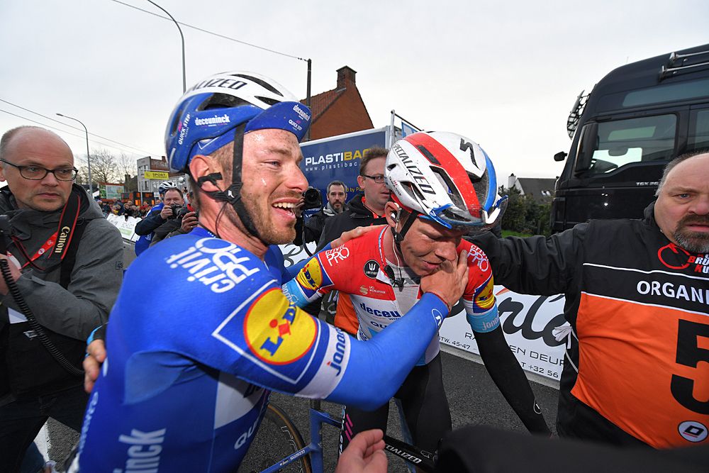 Bob Jungels (Deceuninck-QuickStep) celebrates victory at Kuurne-Brussel-Kuurne