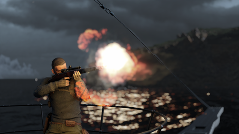 Sniper Elite 5 Screenshot. Karl Fairburne fires a WW2 era marksman rifle from a boat in the dark.