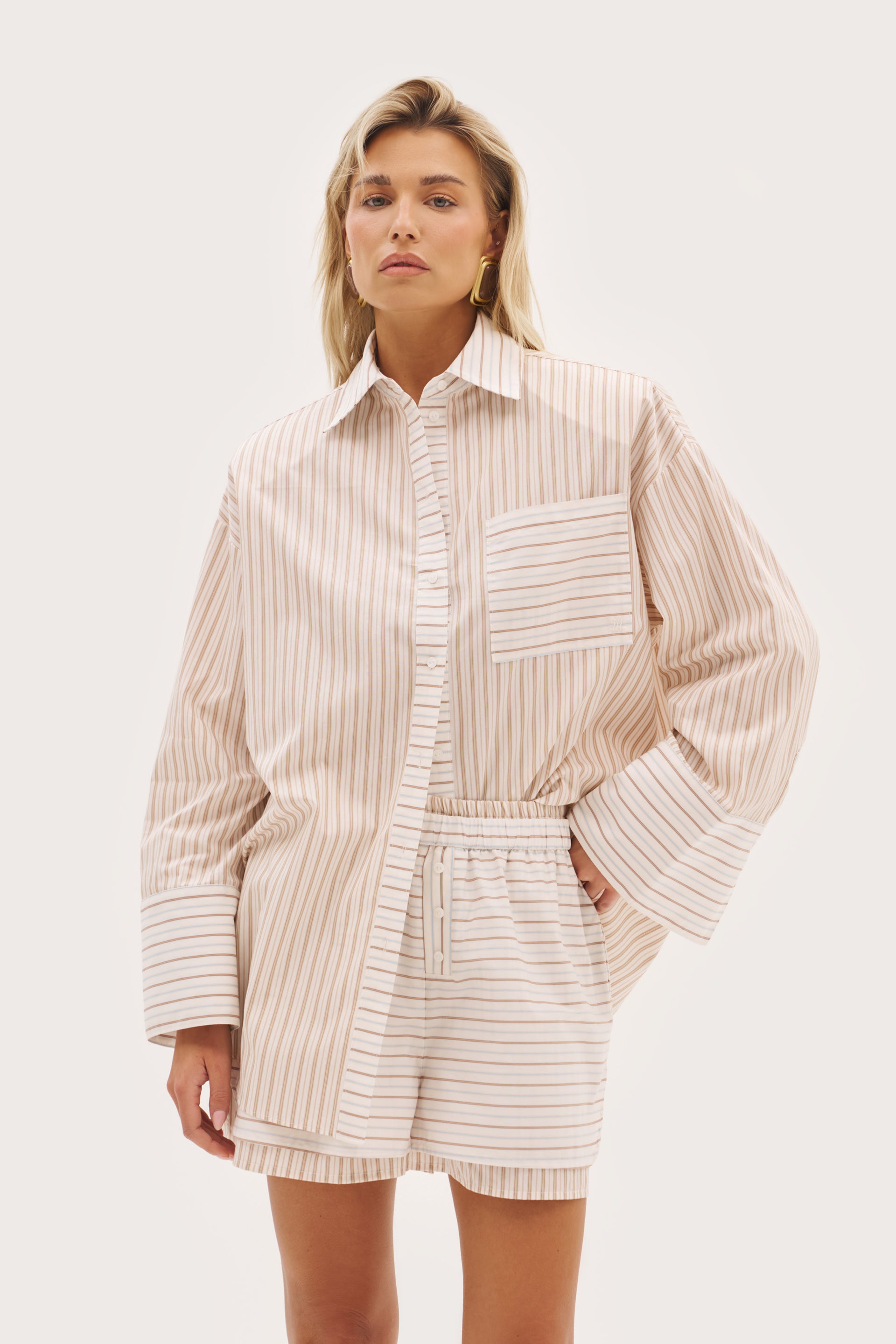 St Tropez Pinstripe Oversized Shirt - Beige - Xs-S