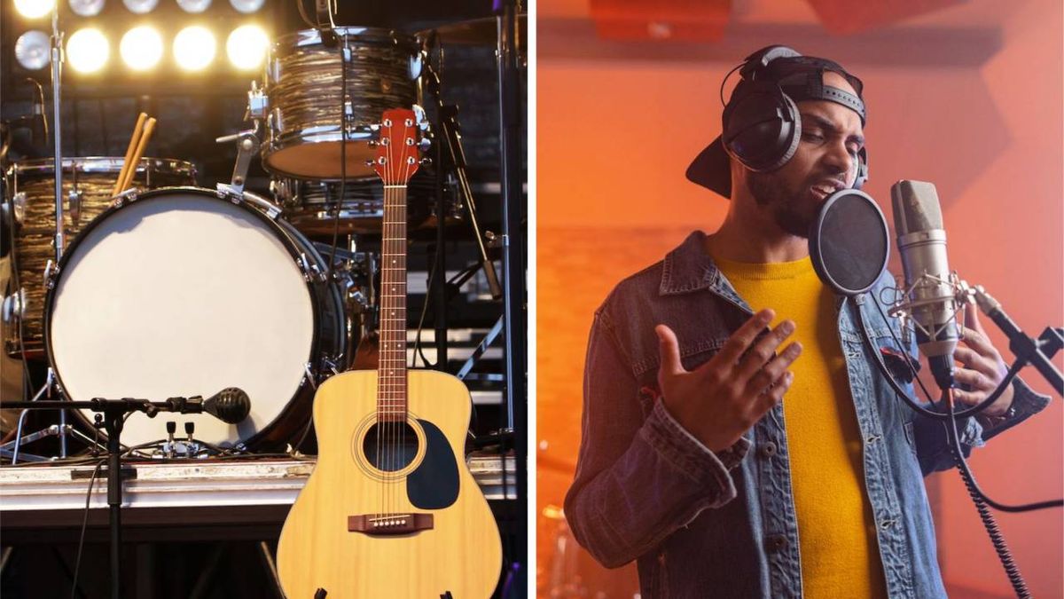 Miked up drum kit next to a shot of a man singing into a microphone