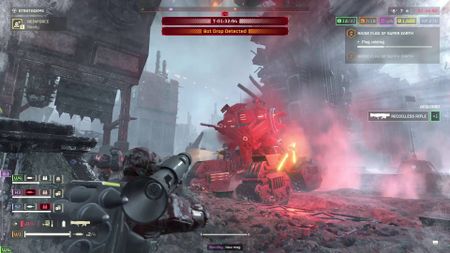 Helldivers 2 helldiver preparing to fire rocket at Vox Engine with one of its laser cannons already destroyed