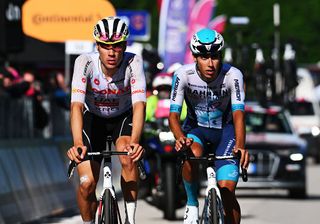 SAN VALENTINO ITALY MAY 27 LR Juan Ayuso of Spain and Team UAE Team Emirates XRG White best young jersey and Afonso Eulalio of Portugal and Team Bahrain Victorious cross the finish line during the 108th Giro dItalia 2025 Stage 16 a 203km stage from Piazzola sul Brenta to San Valentino Brentonico 1316m UCIWT on May 27 2025 in San Valentino Italy Photo by Tim de WaeleGetty Images