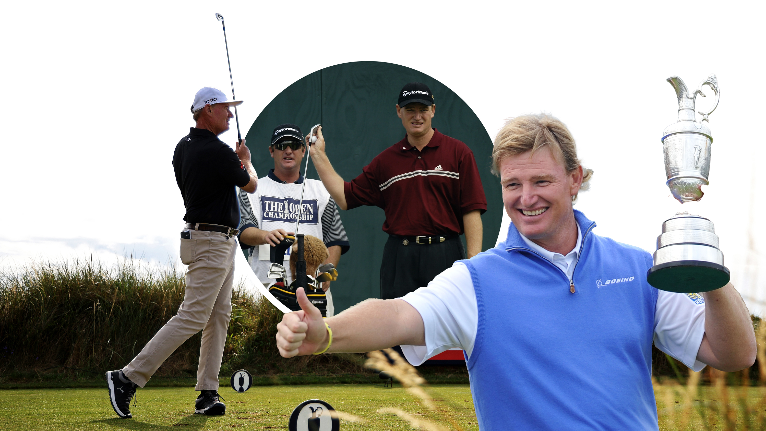 Ernie Els hitting a tee shot at the Open Championship, with an inset image of Ernie Els at the 2002 and 2012 Open Championships - where he won the Claret Jug on both occasions