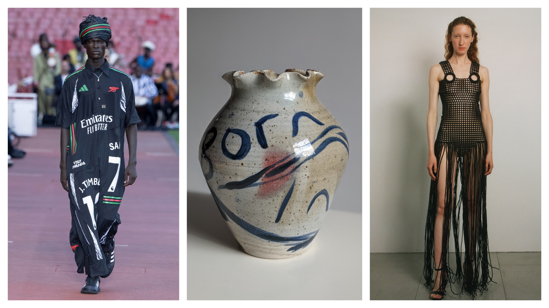 three images spliced together, showing three different works featured in the exhibition. From L-R it shows: LOOK 23, LABRUM, SS25 Designed by an Immigrant Journey of Triumphs 2024, "Born in Flames" vase, and SS24 Temple Collection &lsquo;Armour' Dress
