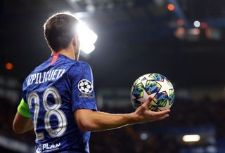 Cesar Azpilicueta of Chelsea holds the ball during the UEFA Champions League group H match between Chelsea FC and AFC Ajax at Stamford Bridge on November 05, 2019 in London, United Kingdom.