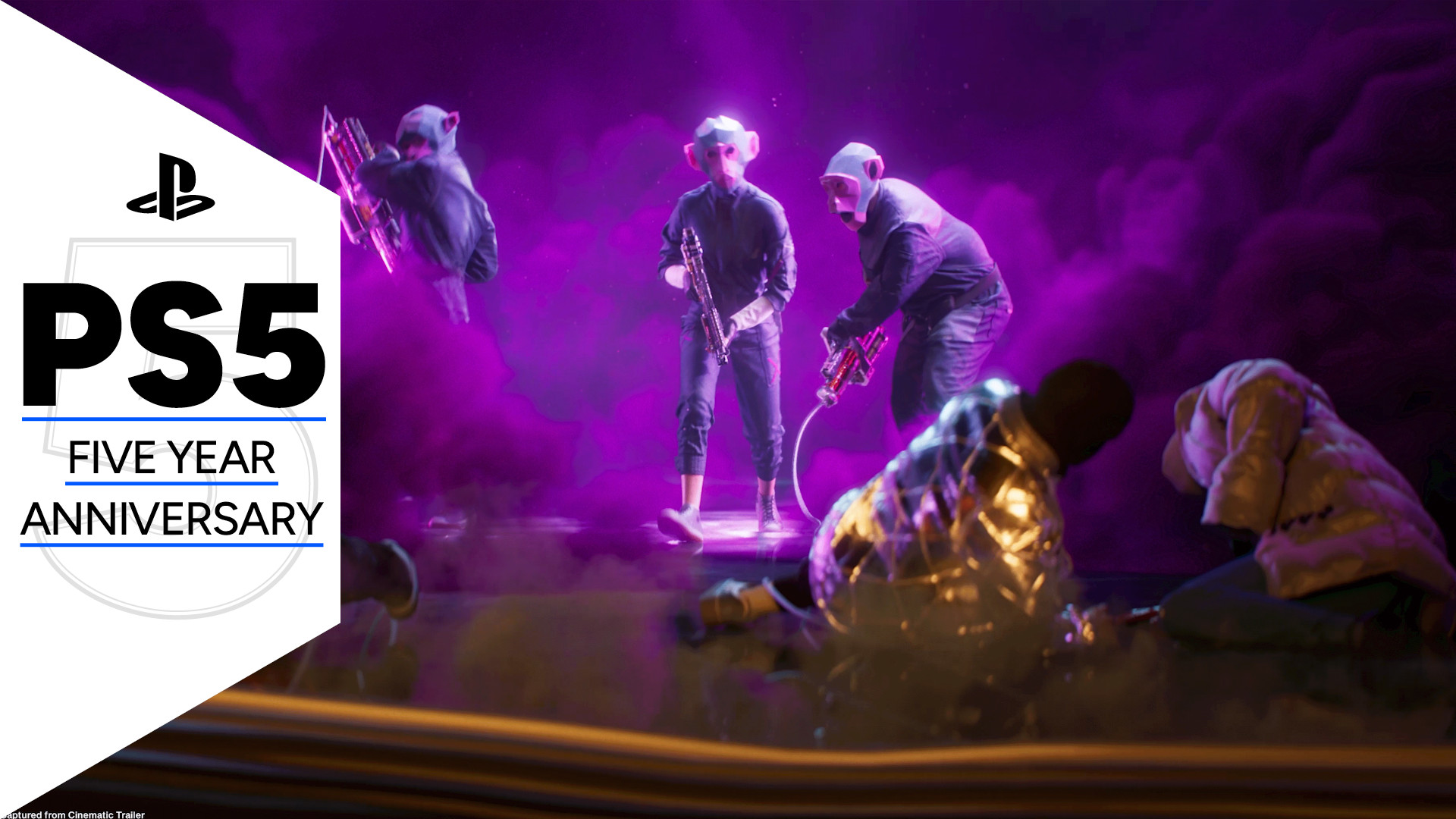 Criminals with monkey masks emerge from purple smoke to steal valuables from a cowering group, from the Fairgames reveal trailer, with a GamesRadar+ frame that reads 'PS5: Five Year Anniversary'