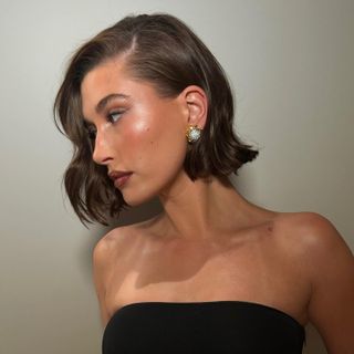 Hailey Bieber with upswept bob hairstyle