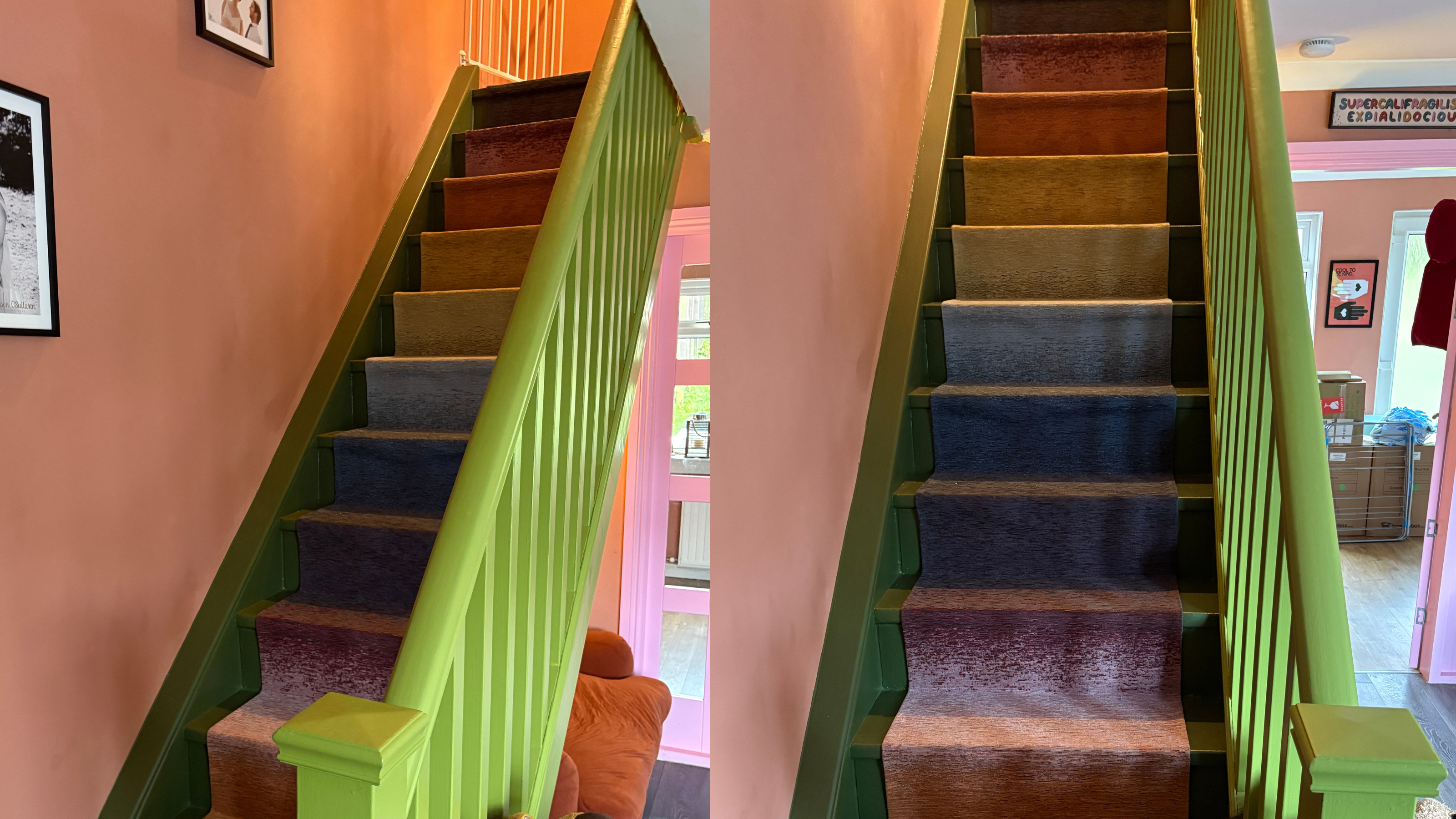 Two images side by side of a staircase with a green balustrade, pink walls, and a rainbow ombre stair runner