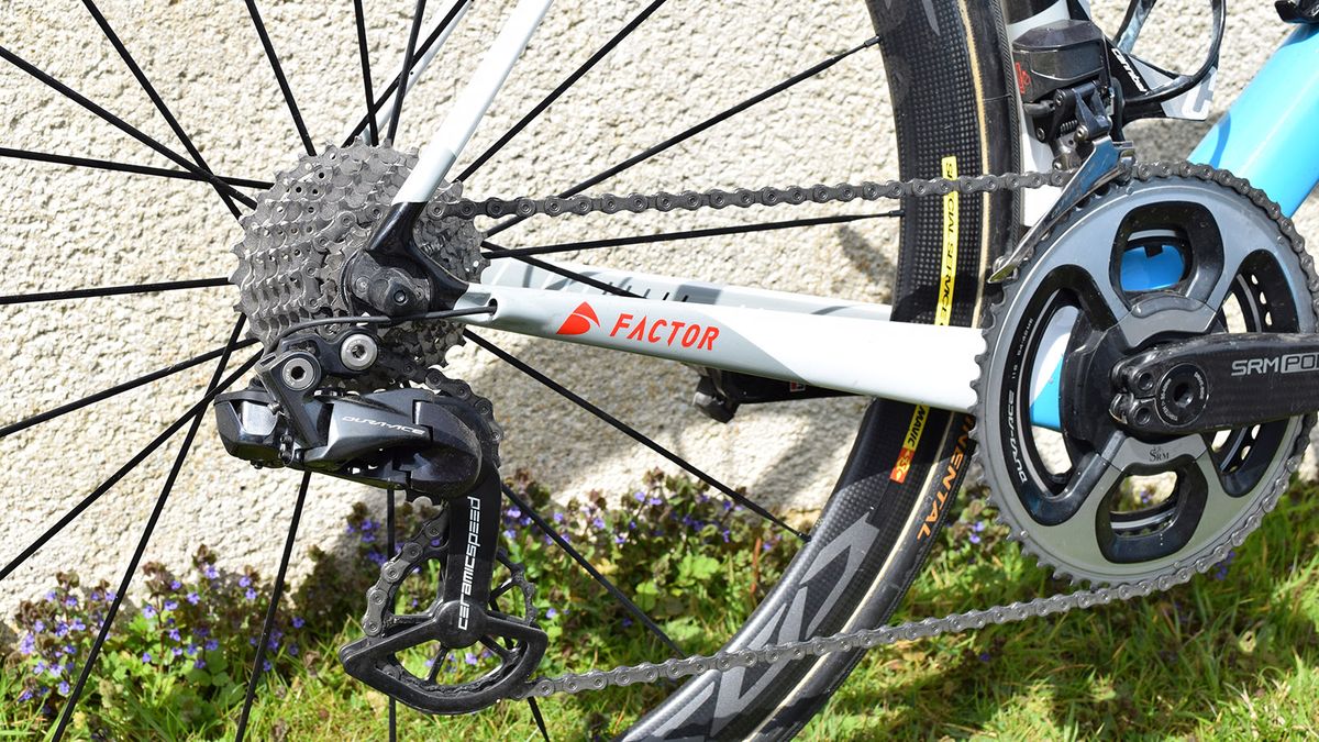 The Shimano Dura-Ace R9150 rear derailleur has been customised with a CeramicSpeed OSPW system