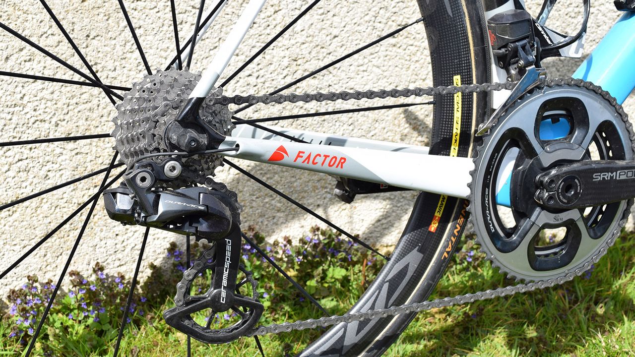 The Shimano Dura-Ace R9150 rear derailleur has been customised with a CeramicSpeed OSPW system