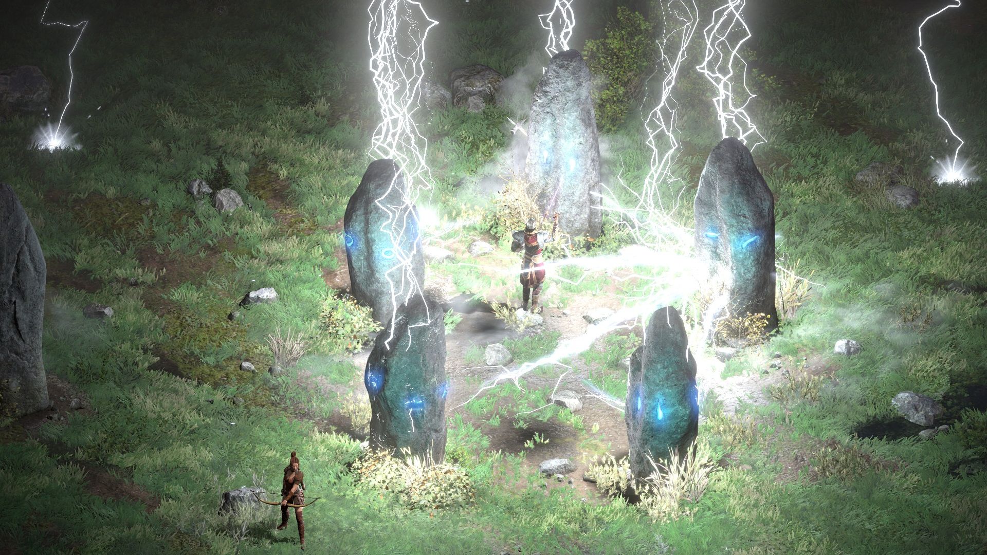 A warlock stands in the middle of standing stones as they're hit by lightning