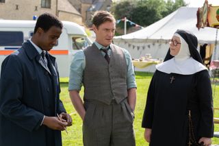 Sister Boniface (Lorna Watson) with Detective Inspector Sam Gillespie (Max Brown) and Detective Sergeant Felix Livingstone (Jerry Iwu)