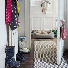 white hallway with boots and carpet