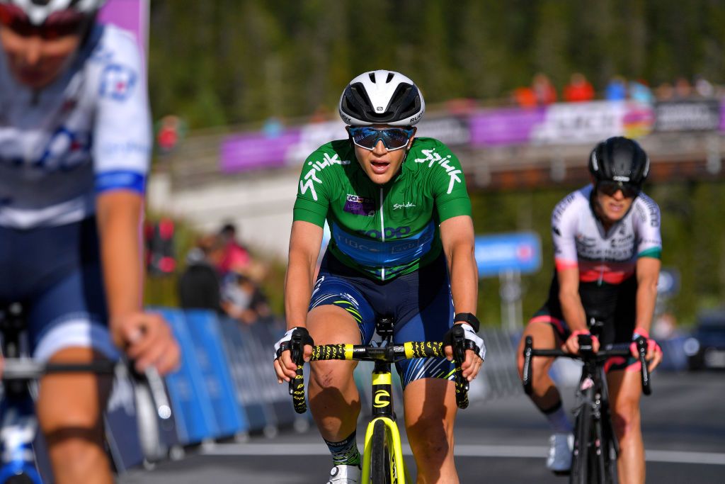 NOREFJELL NORWAY AUGUST 14 Kristen Faulkner of United States and Team Tibco Silicon Valley Bank Green Points Jersey crosses the finishing line during the 7th Ladies Tour Of Norway 2021 Stage 3 a 145k stage from Drammen to Norefjell 791m LTourOfNorway LTON21 UCIWWT on August 14 2021 in Norefjell Norway Photo by Luc ClaessenGetty Images