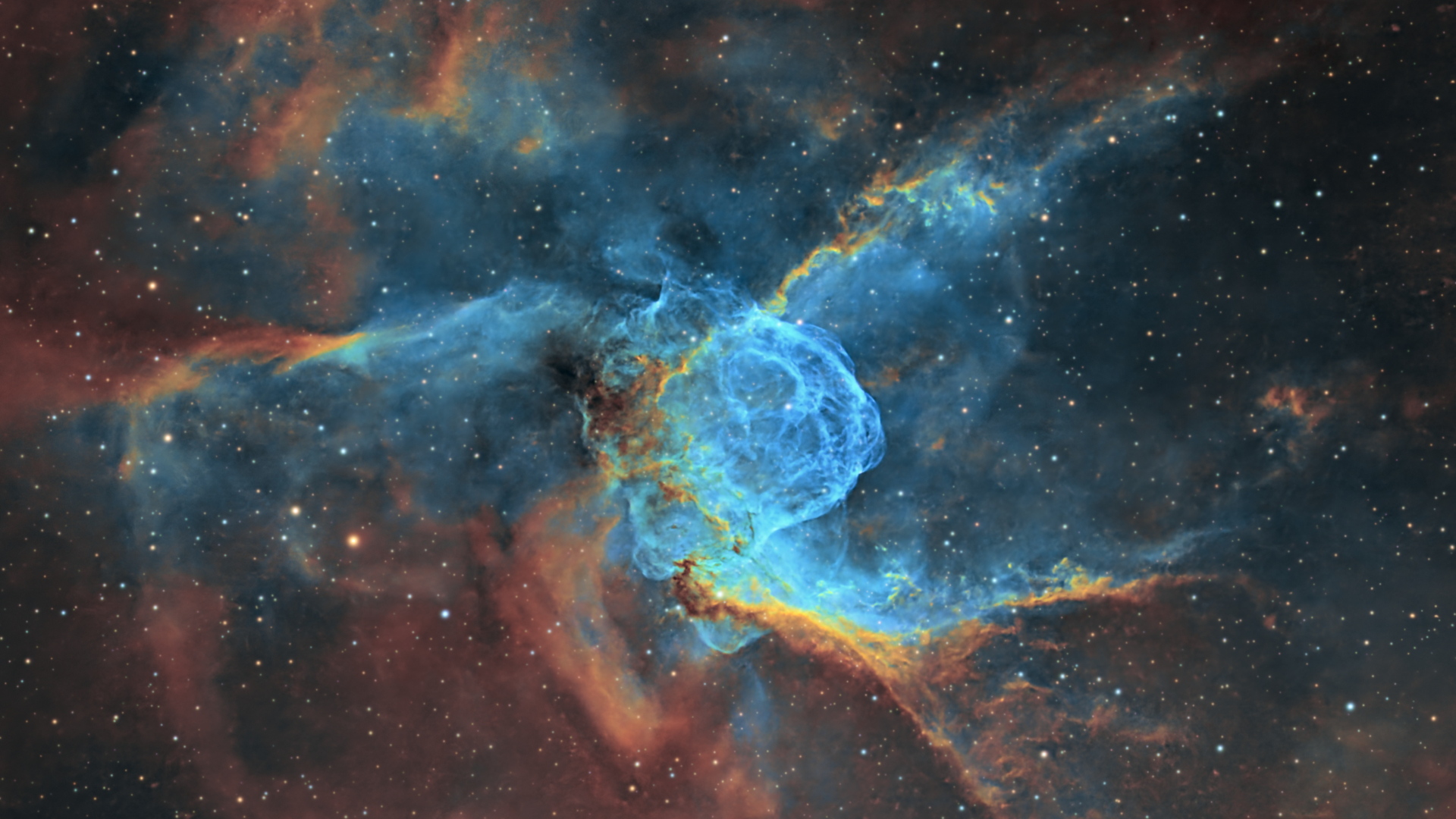 A massive stellar wind bubble sculpts the nebula into the shape of the Norse god's famous helmet.