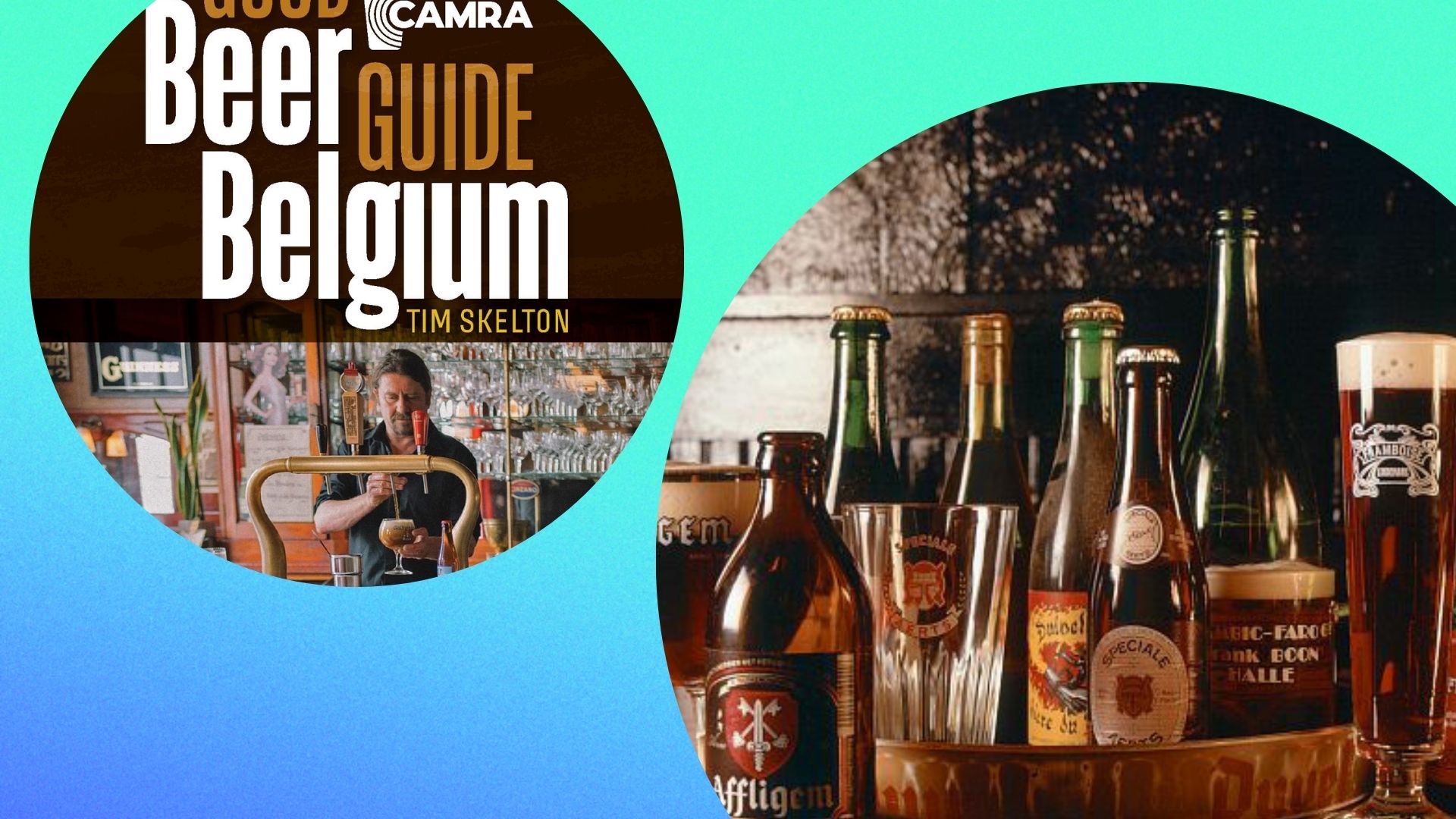 an image of the guidebook's front cover in a circle frame, next to a picture of a selection of belgium beers both bottled and draught