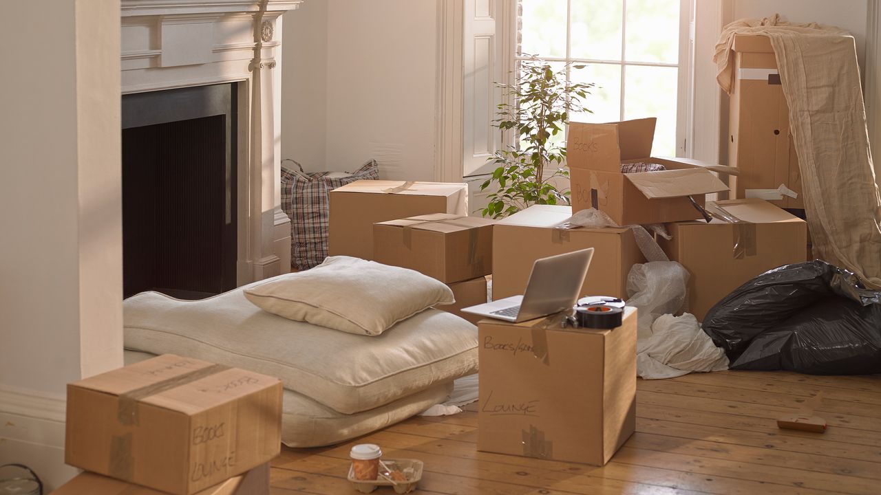 A room full of packing boxes and a laptop