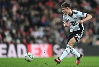 Luke Harris of Fulham passing the ball during the FA Cup Fourth Round replay match between Sunderland FC and Fulham FC at Stadium of Light on February 8, 2023 in Sunderland, England