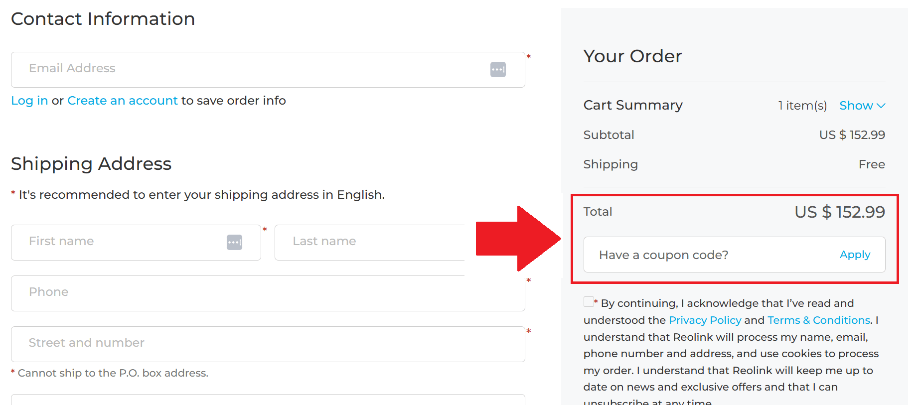 A screenshot showing the reolink checkout page and where to use a coupon code