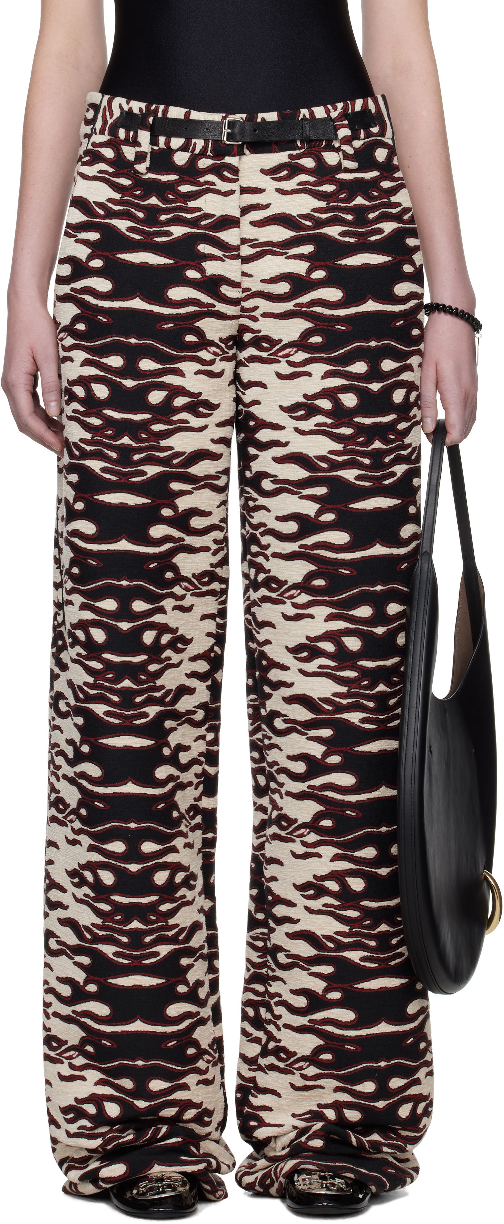 Black & Red Jacquard Wide Leg Trousers