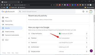 Google Chrome account security page