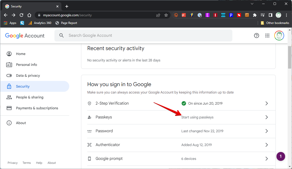 Google Chrome account security page