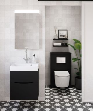 monochrome bathroom with toilet, bold patterned tiles and sink