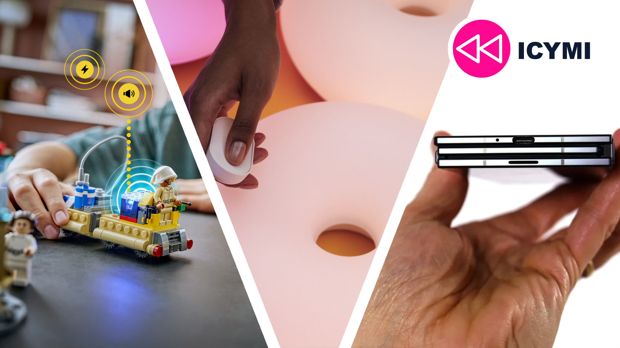 Lego smart brick next to IKEA lights and the Samsung foldable